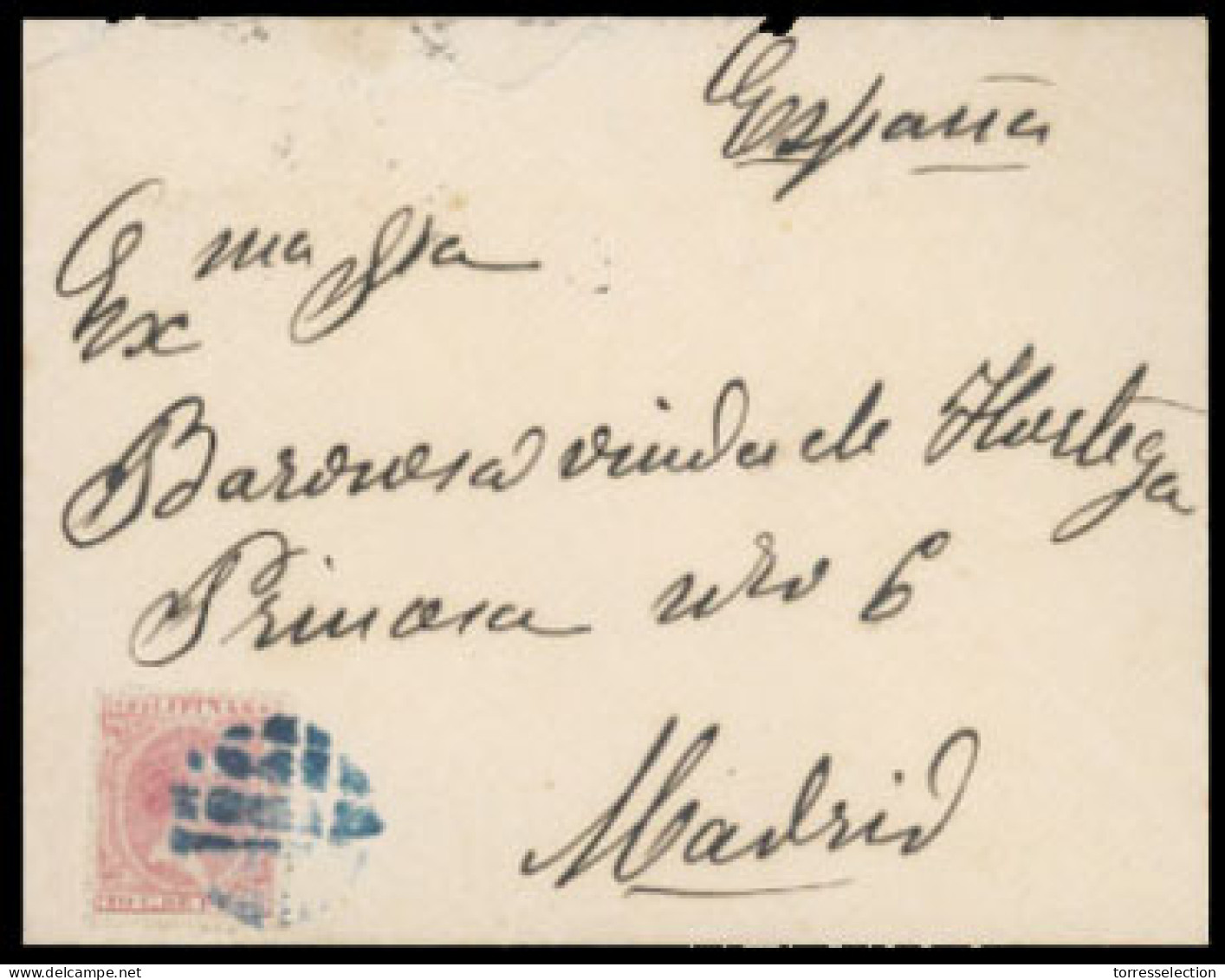 PHILIPPINES. 1893.  Sobre Circulado Con Sello De 10cts A Espana.  Mat. Mudo Circular Azul Inedito. - Filipinas
