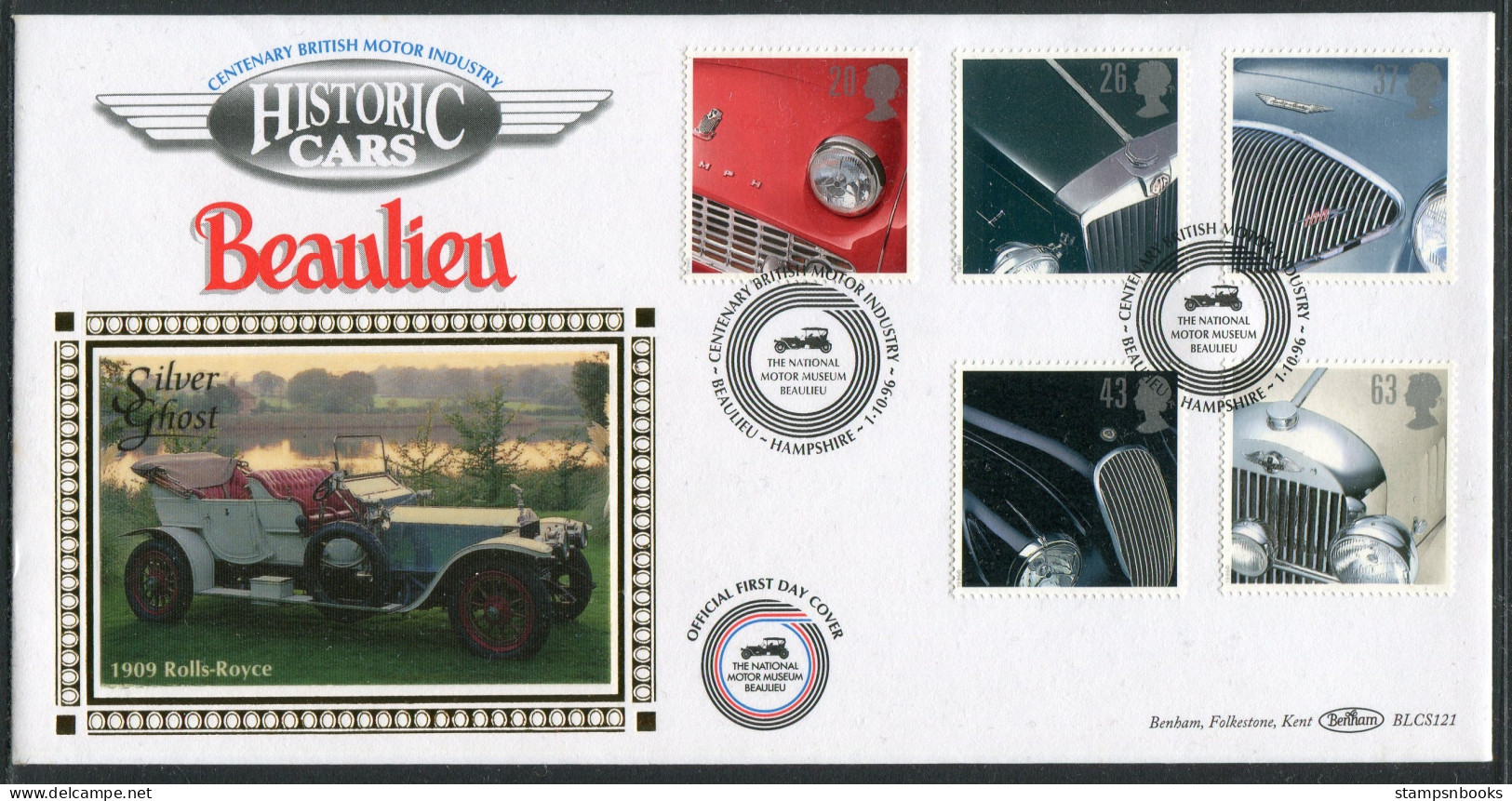 1996 GB Historic Cars First Day Cover, Rolls Royce Silver Ghost Beaulieu Motor Museum Benham BLCS 121 FDC - 1991-2000 Decimal Issues