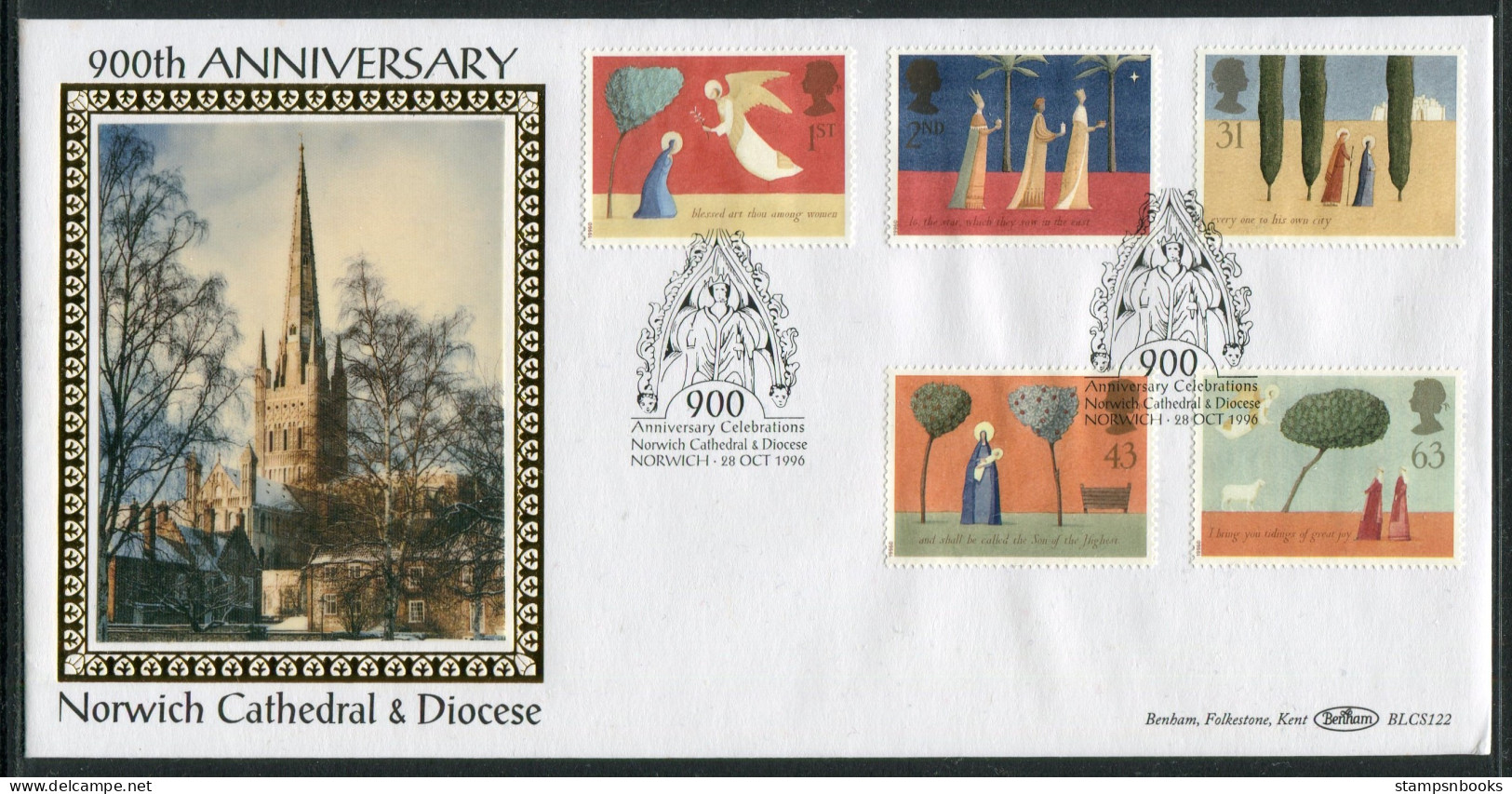 1996 GB Christmas First Day Cover, Norwich Cathedral Benham BLCS 122 FDC - 1991-00 Ediciones Decimales