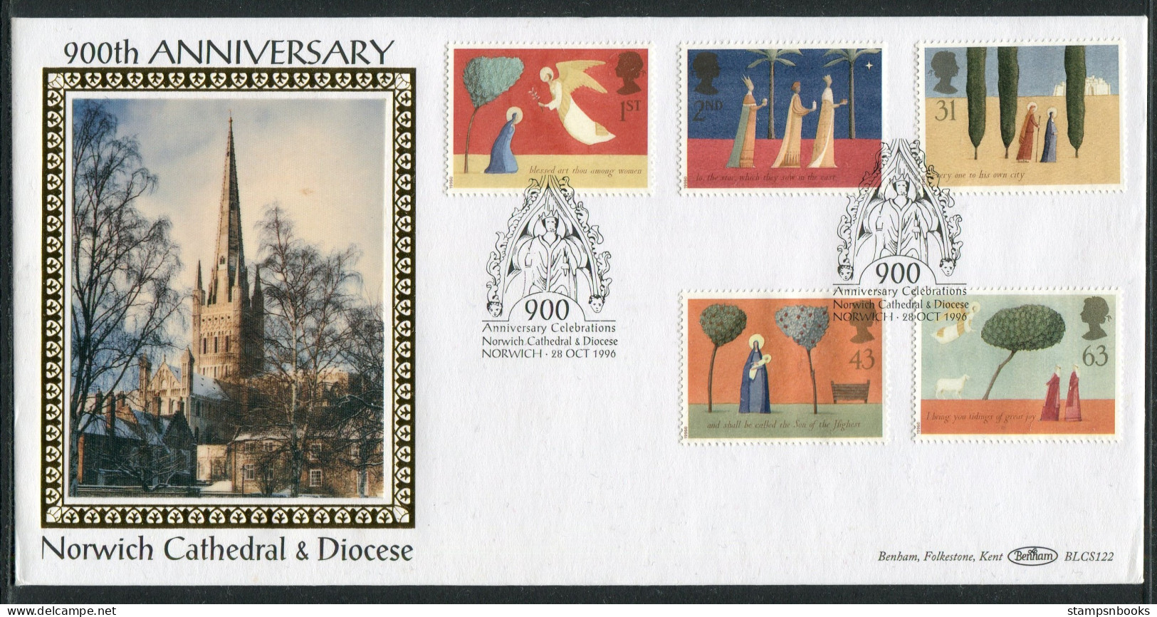 1996 GB Christmas First Day Cover, Norwich Cathedral Benham BLCS 122 FDC - 1991-2000 Em. Décimales