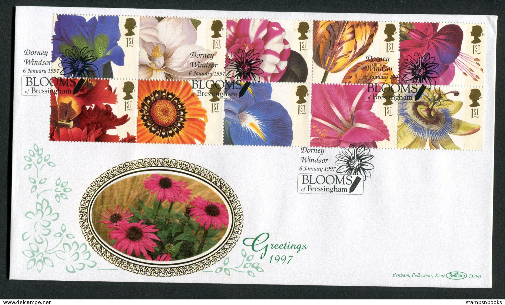 1997 GB Flowers Greeting Stamps First Day Cover, Dorney Windsor Blooms Of Bressingham Benham D290 FDC - 1991-00 Ediciones Decimales