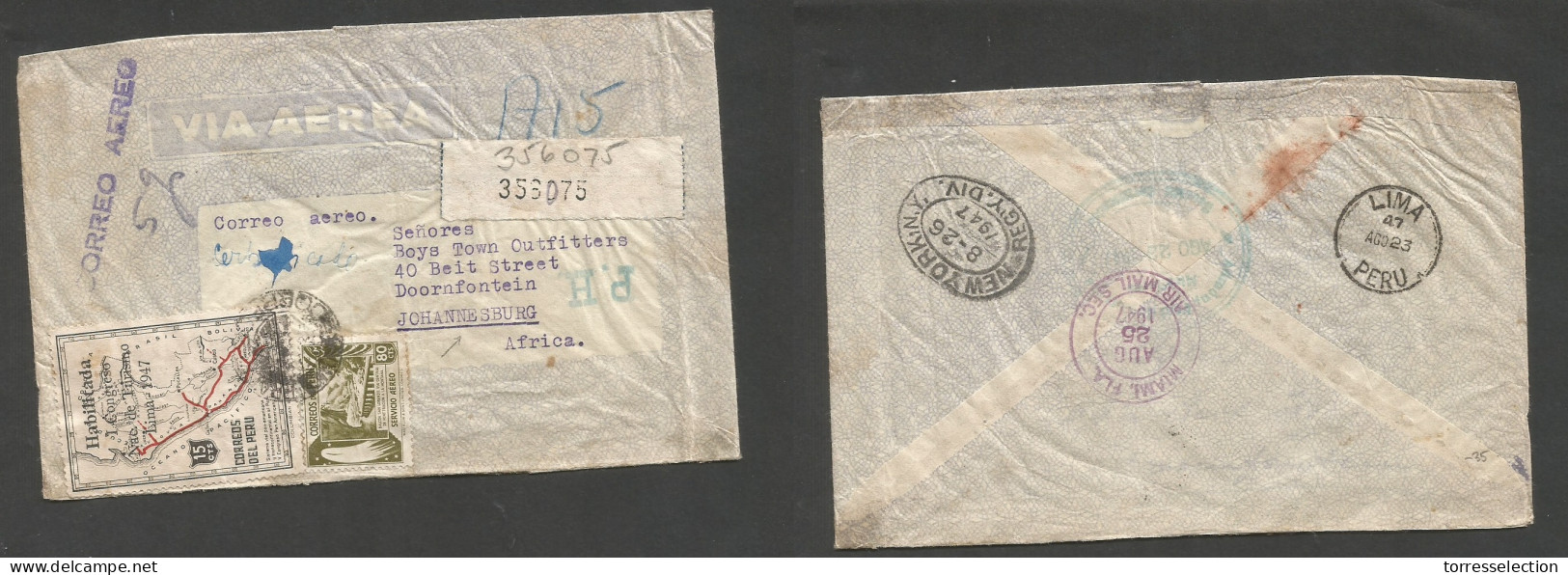 PERU. 1947 (23 Aug) Lima - South Africa, Joburg Via Miami - NYC. Registered Air Multifkd Envelope At 0,95 Sol Rate. Fine - Peru