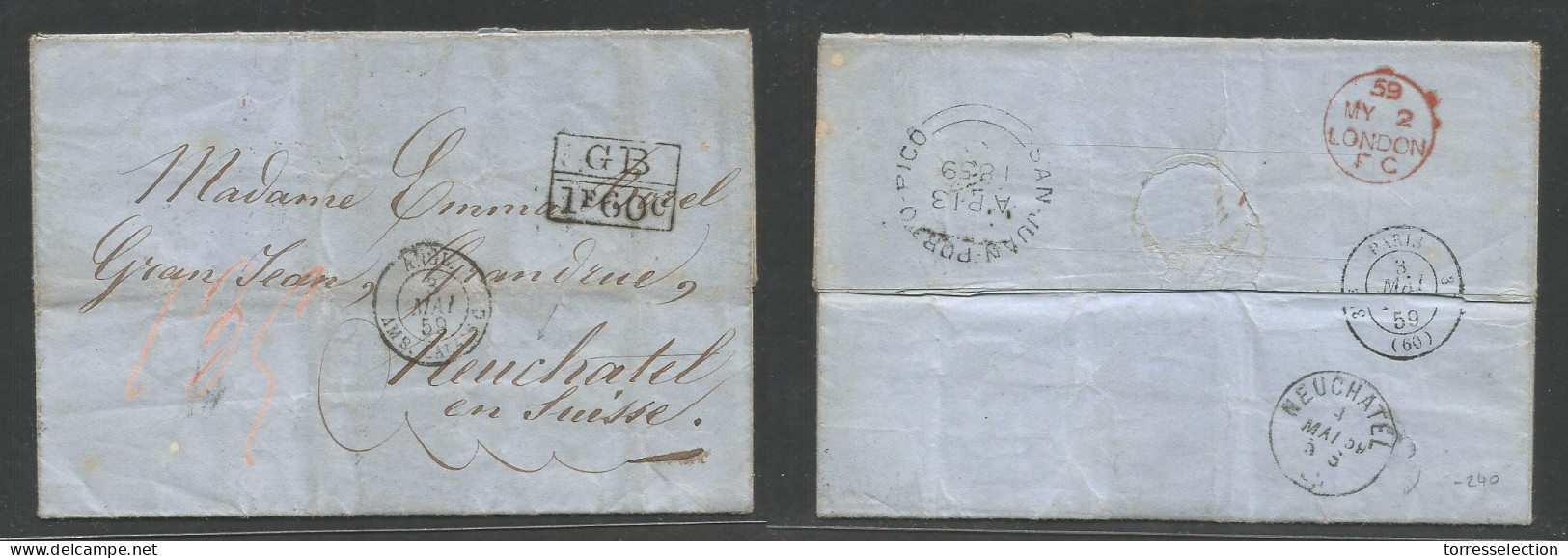 PUERTO RICO. 1859 (14 April) San Juan - Switzerland, Neuchatel (4 May) Via British Post Office S. Juan - London - Paris. - Puerto Rico