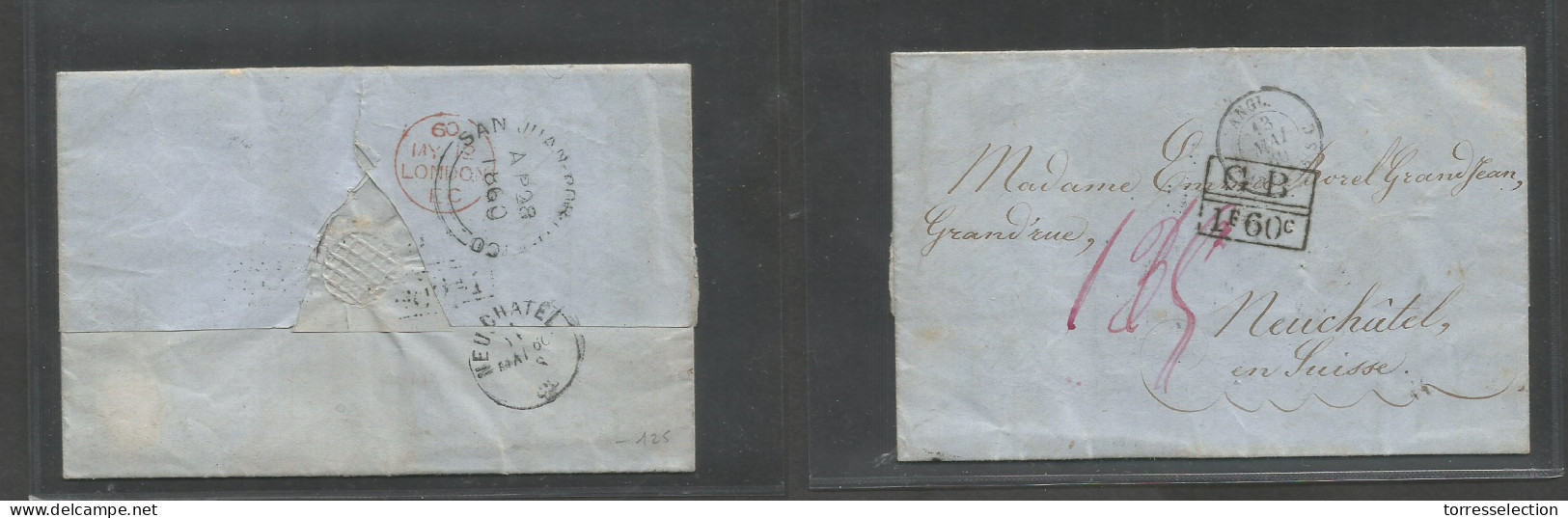 PUERTO RICO. 1860 (28 Apr) San Juan - Switzerland, Neuchatel (14 May) Via VPO San Juan - London. EL With Text + Arrival  - Porto Rico