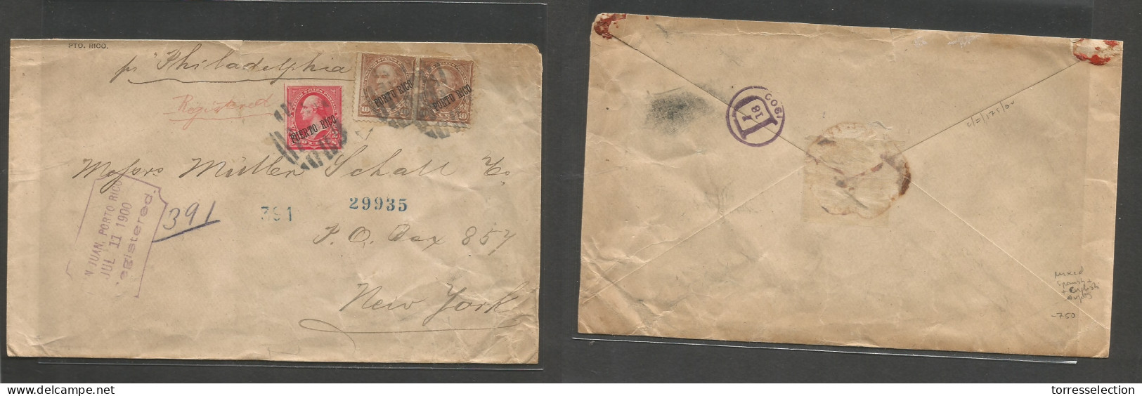 PUERTO RICO. 1900 (11 July) US Postal Admin. San Juan - USA, NYC (18 July 1900) Registered Multifkd MIXED Spanish + Engl - Puerto Rico