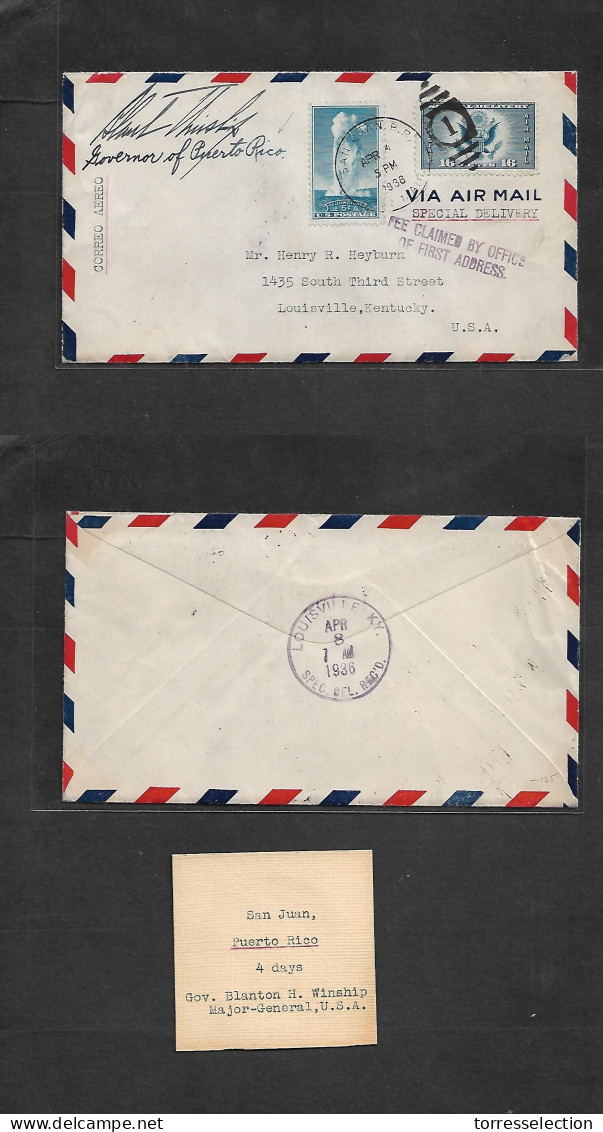 PUERTO RICO. 1936 (4 Apr) San Juan - USA, Kentucky, Louisville (8 Apr) Carta Franqueo Multiple Via Aerea, Con Marca Auxi - Puerto Rico