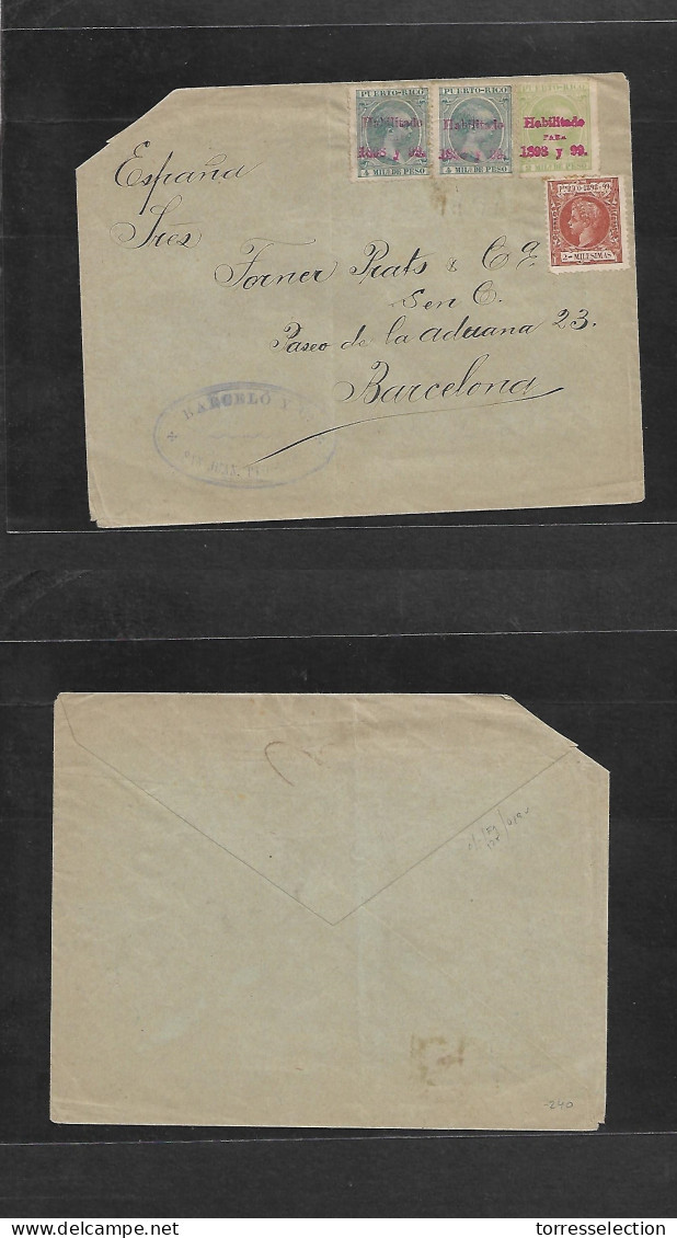 PUERTO RICO. 1898 (Oct) Periodo Interregno. San Juan - Barcelona, Peninsula. Sobre Franqueo Multiple Incl Habilitado 189 - Porto Rico