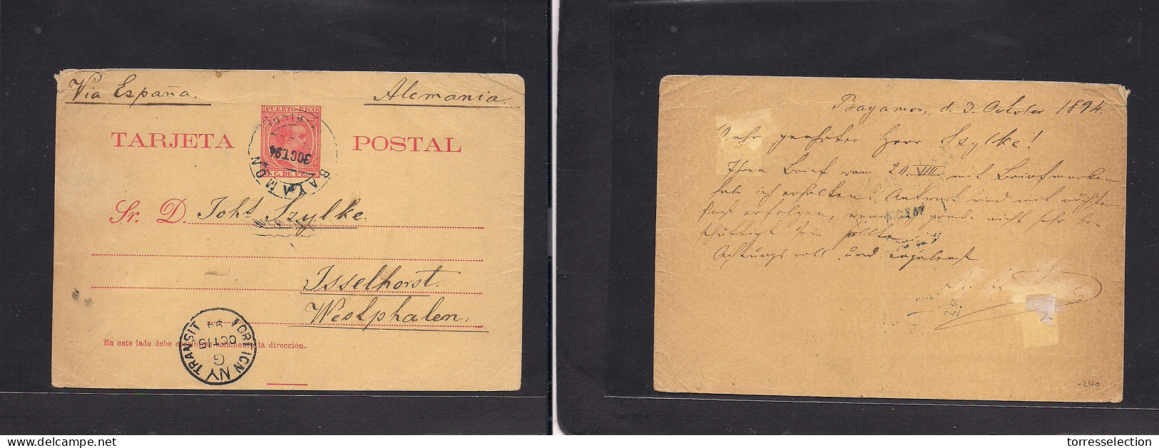 PUERTO RICO. 1894 (3 Oct) Bayamon - Alemania, Isselhorst, Wetphalia Via Nueva York - Peninsula. Tarjeta Entero Postal 3c - Puerto Rico