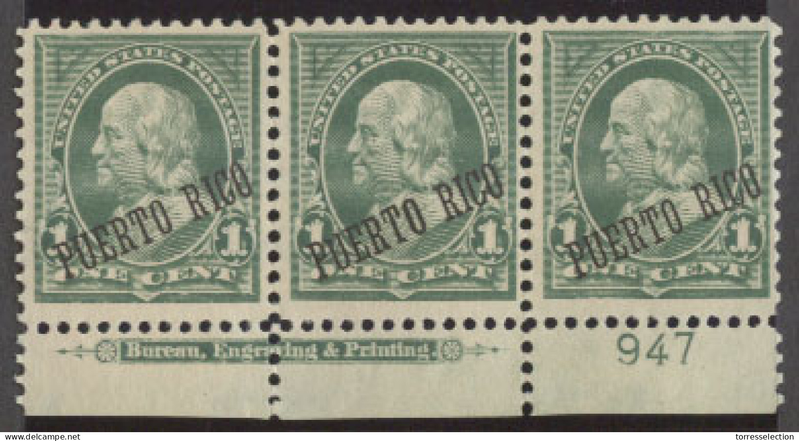 PUERTO RICO. 1898-9. US 1c Green Strip Of Three With Margin Printing Incription Nr 947 Puerto Rico Ovptd Mint No Gum Wel - Puerto Rico