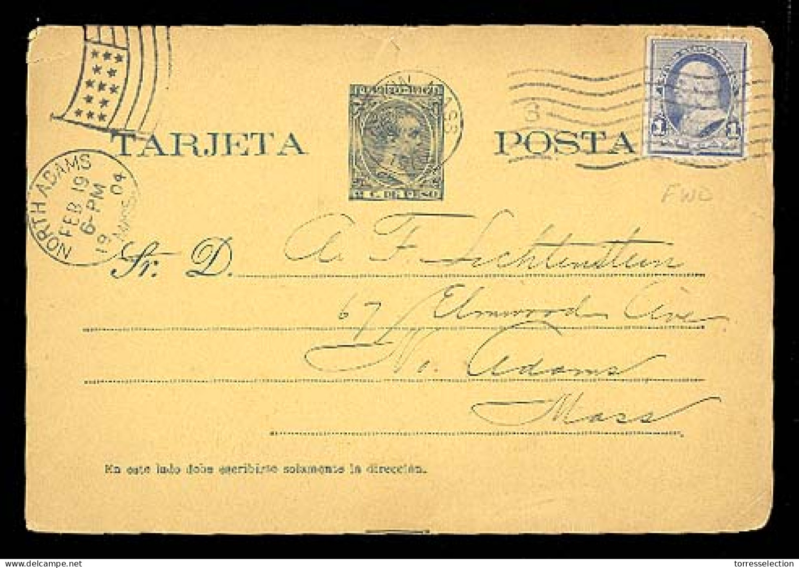 PUERTO RICO. 1904. Entero Postal 2c.Alf.XIII Peso Azul (Periodo Español). Usado Desde Boston/USA Con Franqueo Adicional. - Puerto Rico