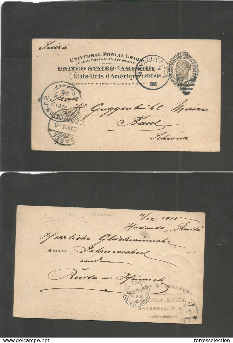 PUERTO RICO. 1905 (12 Dic) Mayagüez - Suiza, Basel (29 Dic) Entero Postal USA 2c Circulado En PR. Via San Juan. Muy Esca - Puerto Rico
