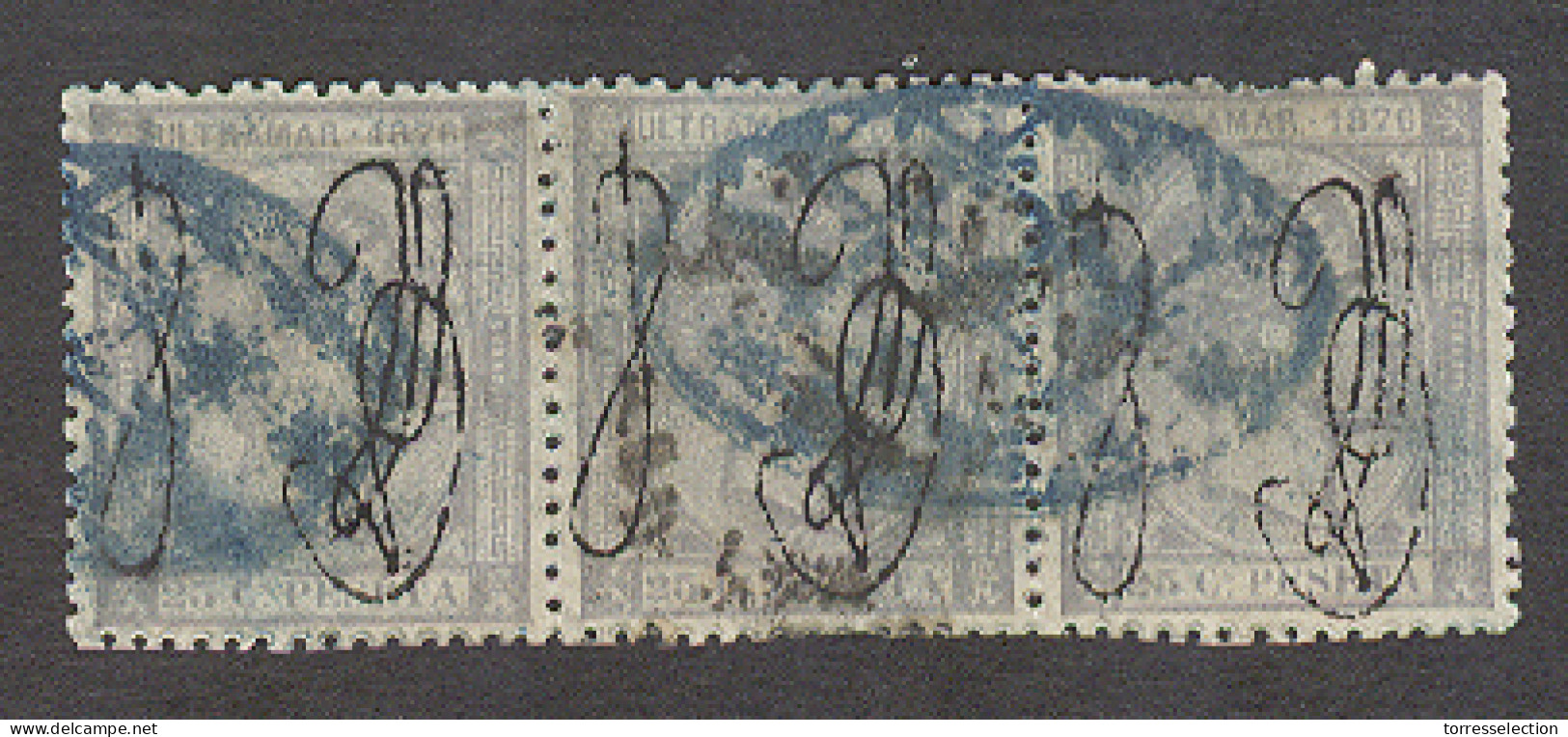 PUERTO RICO. 1876. Ed 3º (x3). 25c Gris Azul, Tira Horizontal De Tres Matasellos Parrilla Azul. Precioso Pieza De Exposi - Porto Rico