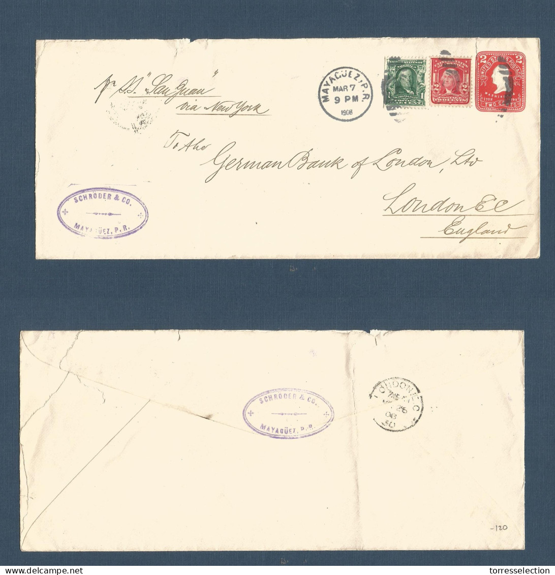 PUERTO RICO. 1908 (7 March) Mayaguez - Londres, UK. (26 March 30) Entero Postal 2c Washington Rojo Legal Size + 1c + 2c, - Puerto Rico