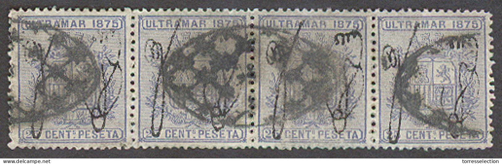 PUERTO RICO. 1875. Ed (x4). 25c Azul. Tira Horizontal De Matasellos Parrilla. Preciosa Pieza De Exposicion. - Puerto Rico