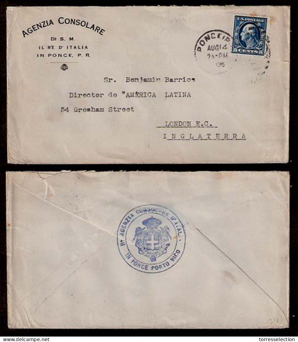 PUERTO RICO. 1915. Ponce / UK. Italian Consulate In Ponce. Frkd.env. - Porto Rico