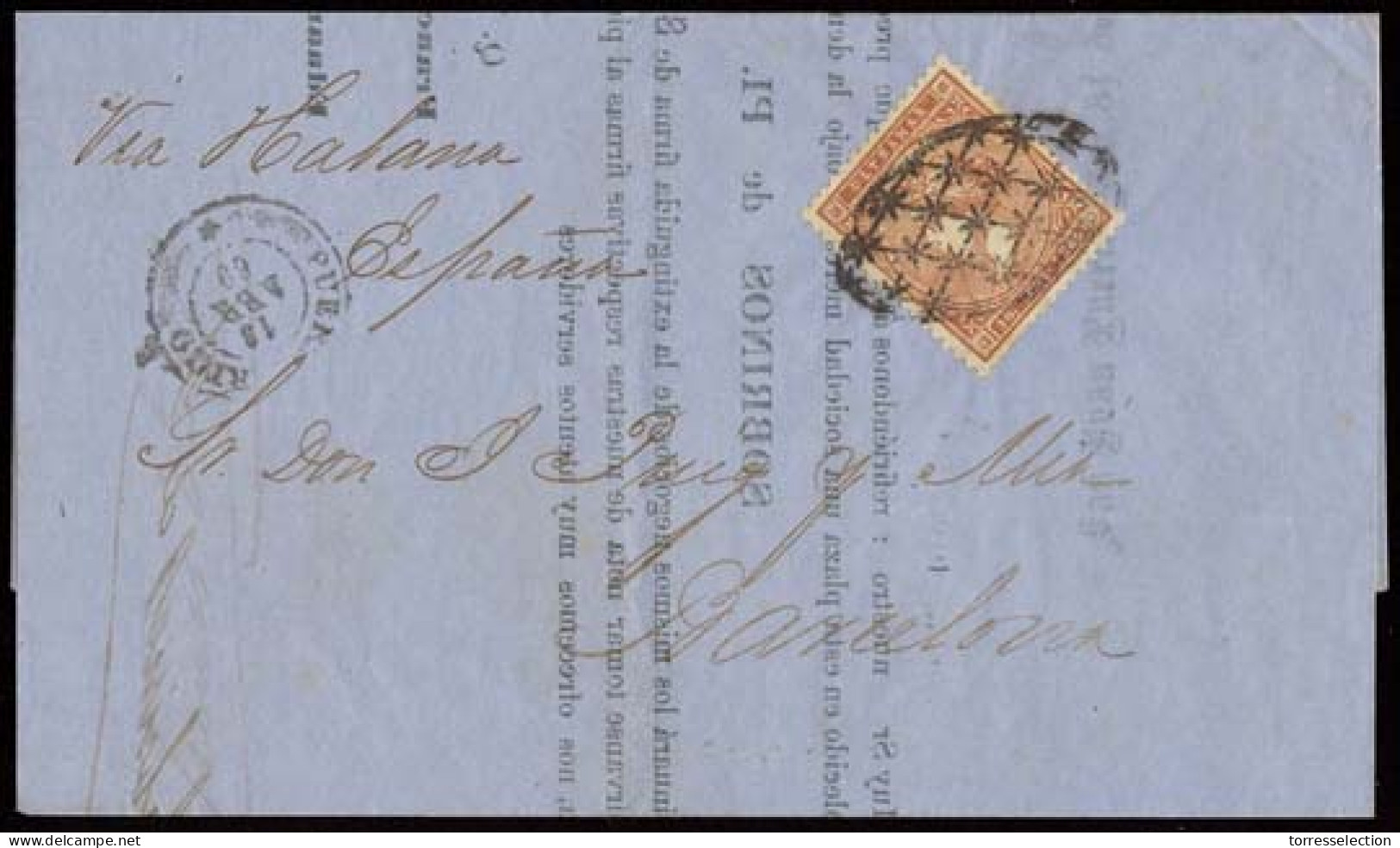 PUERTO RICO. 1869 (10 Abr). Ed 16. San Juan - Barcelona / Peninsula. Circular Impresos Franqueo 10c Marron Antillas. Via - Puerto Rico