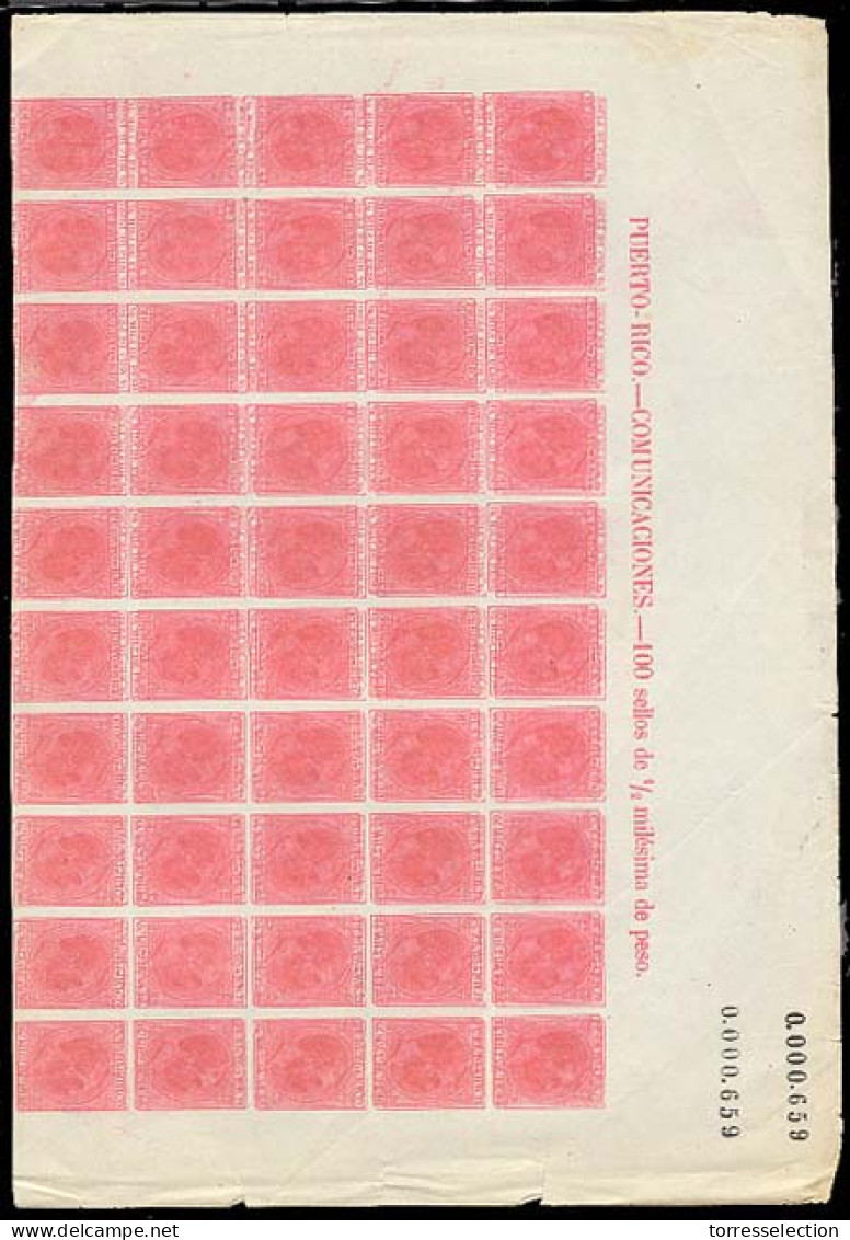 PUERTO RICO. 1882. Ed.55º. 1/2 M.rosa. Bloque De 50 Sellos Con DOBLE Impresión. Parte Superior Pliego, Con Doble Numerac - Puerto Rico
