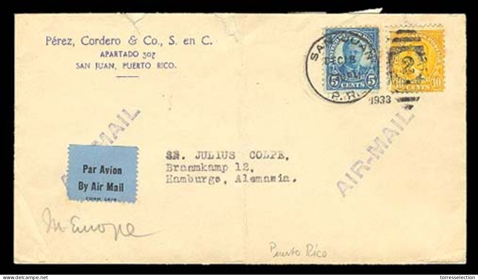 PUERTO RICO. 1933. San Juan To Germany. Airmail Envelope. 2 USA Stamps. - Porto Rico