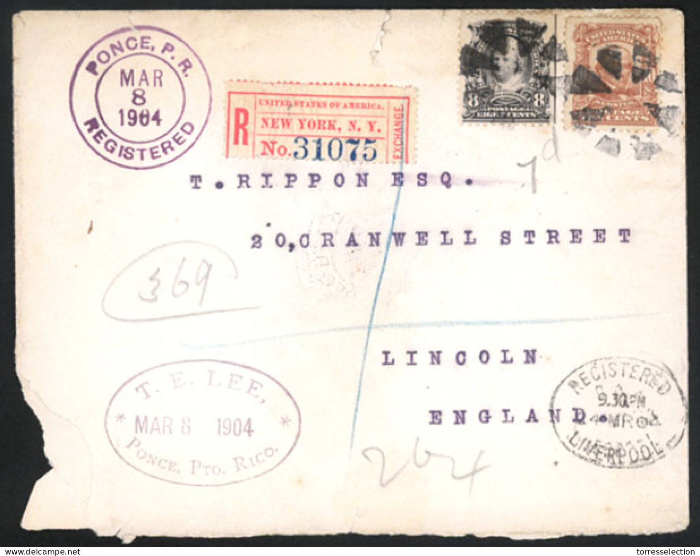 PUERTO RICO. 1904. Ponce To England. Registered Envelope With USA 8cts. + 10cts.stamps, Tied Cork Cancels. VF And Scarce - Puerto Rico