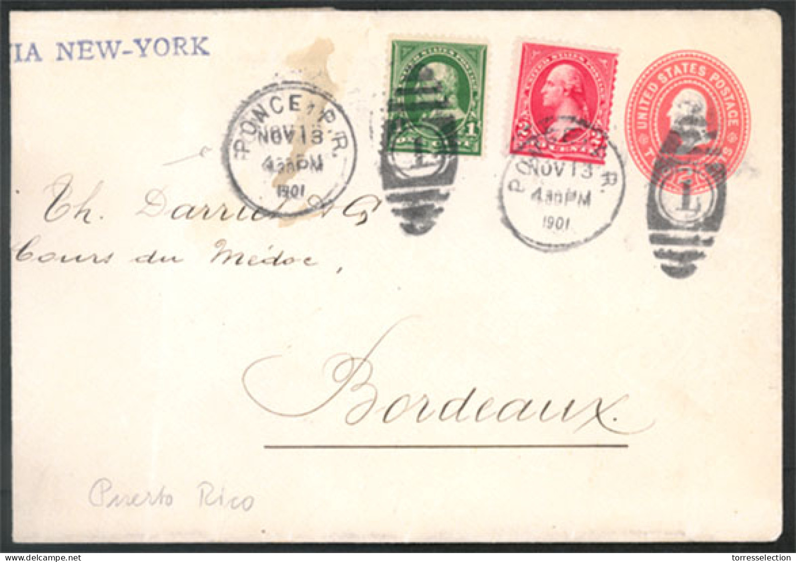 PUERTO RICO. 1901. Ponce To France. Stationery Envelope + 2 Adtl. - Puerto Rico