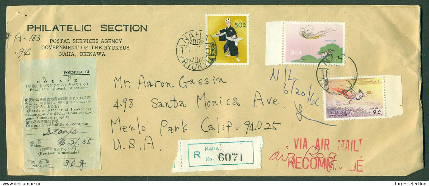 RYUKYU ISLANDS. 1966 (16 June). Naha - USA / CA (17 June). Reg Multifkd Env. Nice Condition. Airmail. 1 Day Delivery. - Riukiu-eilanden