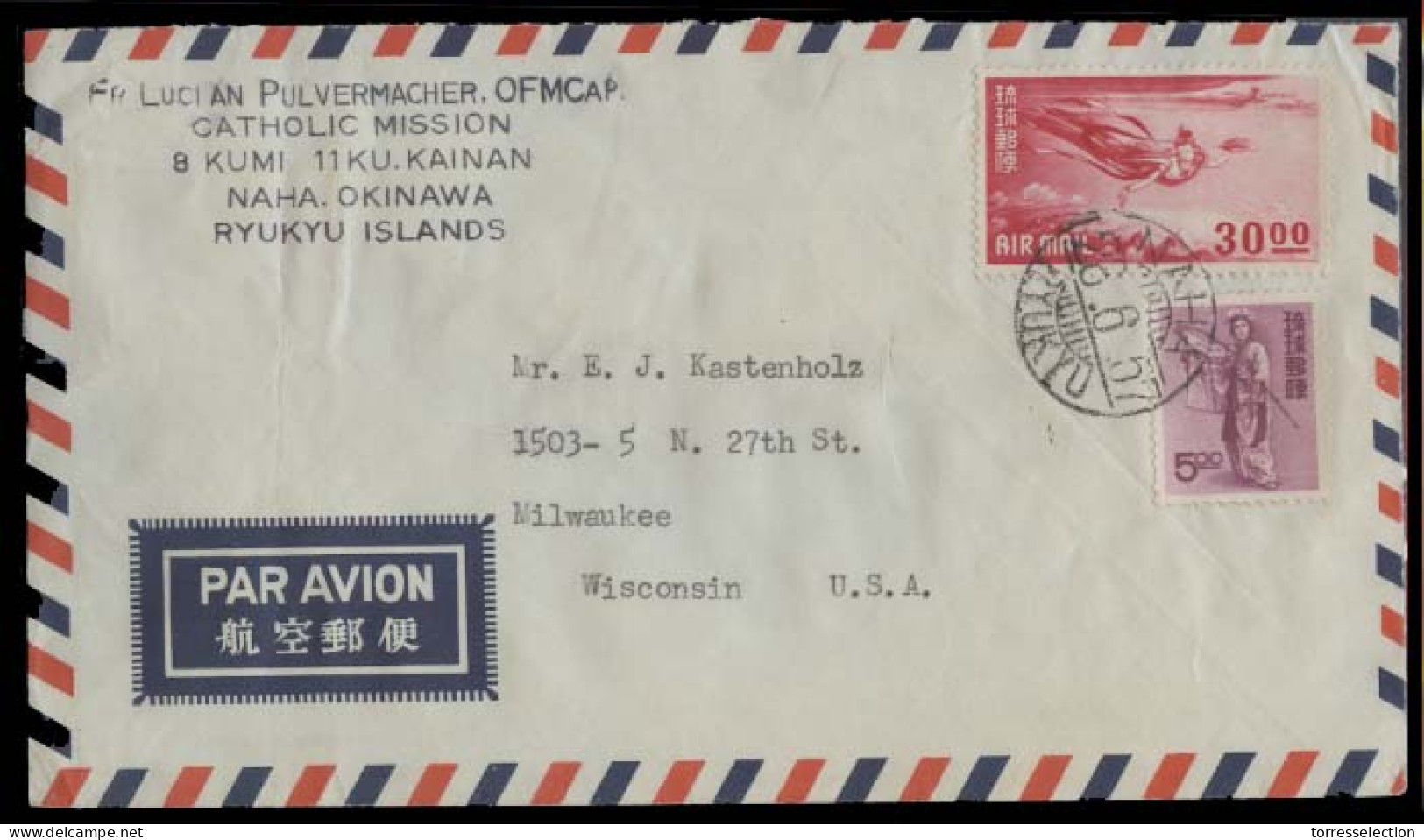 RYUKYU ISLANDS. 1957 (28 June). Naha - USA. Air Multifkd Missionary Mail. VF. - Ryukyu Islands