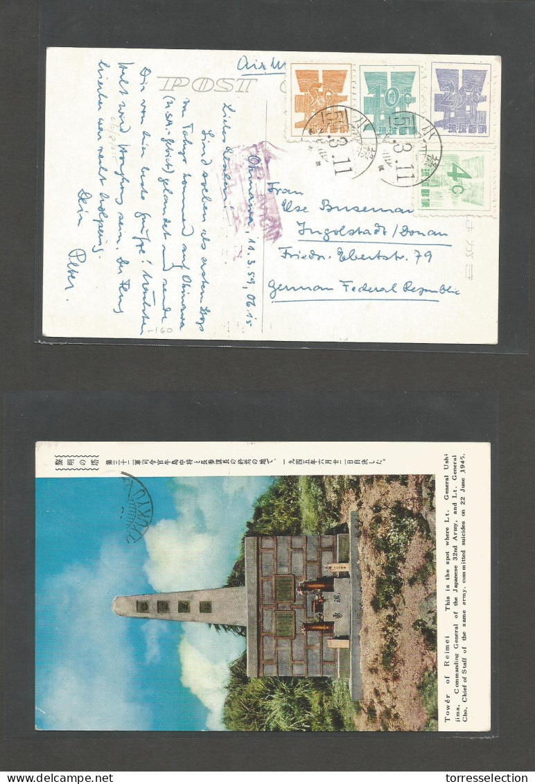 RYUKYU ISLANDS. 1959 (11 March) Okinawa - West Germany, Ingolstadt, Bonan. Airmail Multifkd View Postcard (Reimei Tower) - Riukiu-eilanden