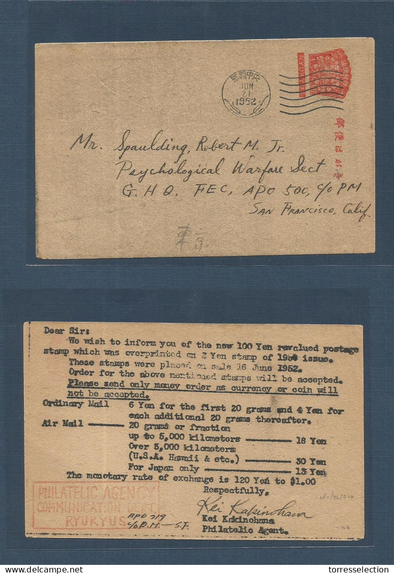 RYUKYU ISLANDS. 1952 (21 June) GPO, APO 719 - USA, SFº, California. 1 Sen Red / Brown Stationary Card Type. Very Scarce  - Ryukyu Islands