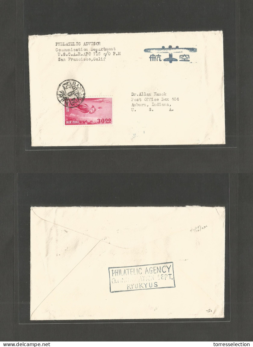 RYUKYU ISLANDS. 1954 (24 Sept) Naha - USA, Auburn, Indiana. Air Single Fkd Military Attached Envelope. Scarce Proper Usa - Ryukyu Islands