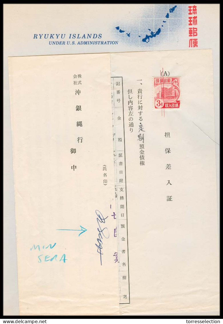 RYUKYU ISLANDS. 1959. Revenue Stamp 3c / Used In Origial Doc. VF. - Ryukyu Islands