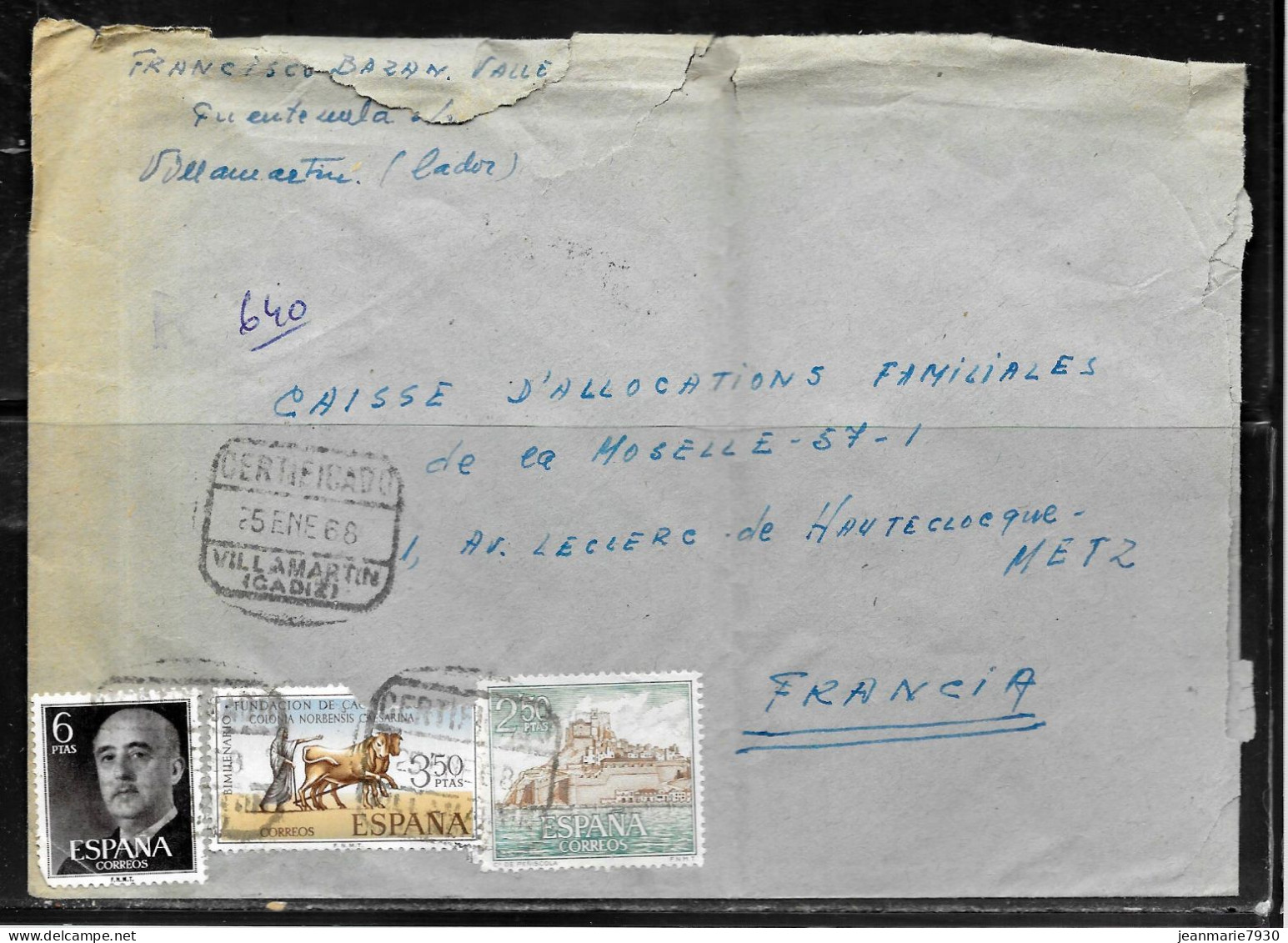 CC55 - ESPAGNE - LETTRE RECOMMANDEE DE VILLAMARTIN DU 25/01/68 POUR METZ - Brieven En Documenten