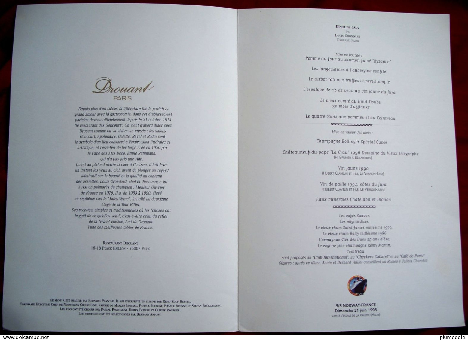 MENU PAQUEBOT SS NORWAY FRANCE " LA CROISIERE  " 1998 DINER DE GALA Illustration JEAN A MERCIER Signé GRONDARD - Menükarten