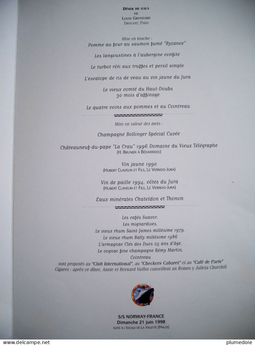 MENU PAQUEBOT SS NORWAY FRANCE " LA CROISIERE  " 1998 DINER DE GALA Illustration JEAN A MERCIER Signé GRONDARD - Menükarten