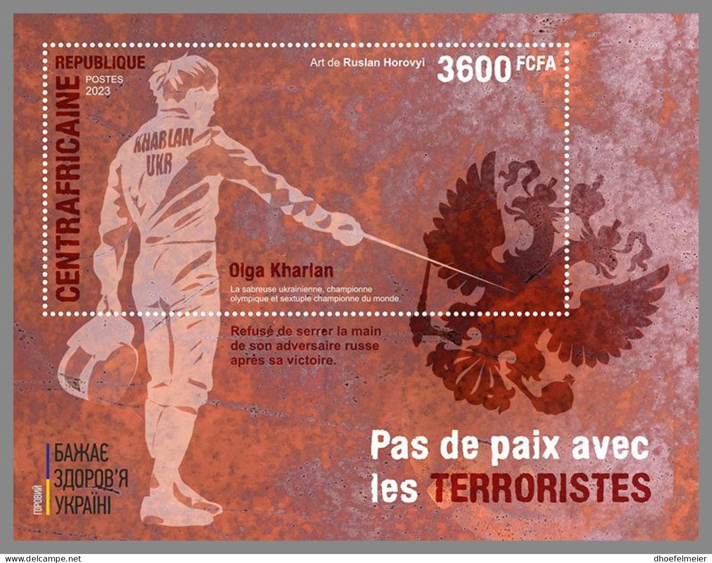 CENTRAL AFRICAN 2023 MNH Olga Kharlan Sabre Fencer Säbelfechterin S/S II – OFFICIAL ISSUE – DHQ2412 - Escrime