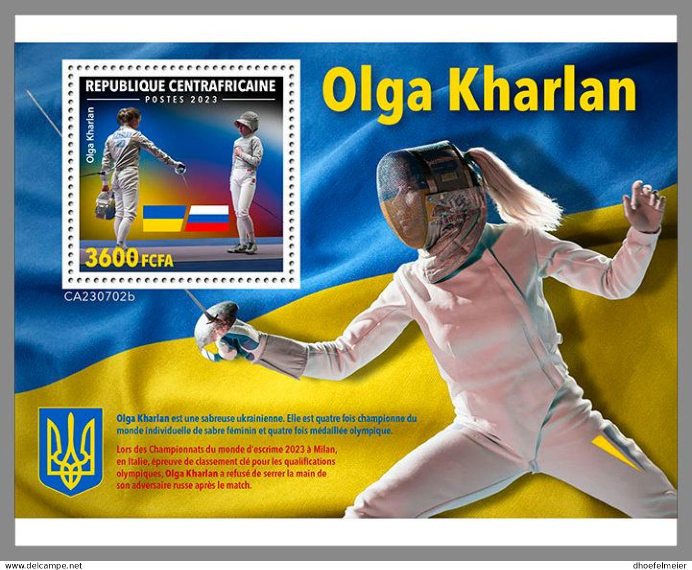 CENTRAL AFRICAN 2023 MNH Olga Kharlan Sabre Fencer Säbelfechterin S/S I – OFFICIAL ISSUE – DHQ2412 - Escrime