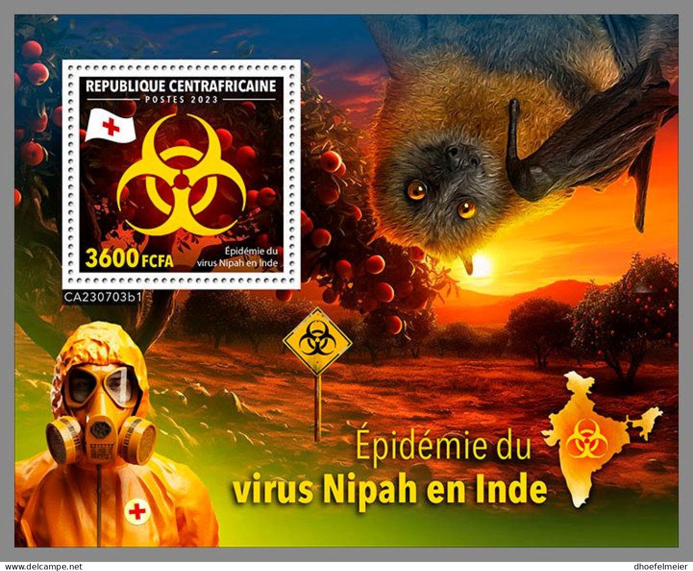 CENTRAL AFRICAN 2023 MNH Nipah Virus In India Red Cross Rotes Kreuz S/S I – OFFICIAL ISSUE – DHQ2412 - Red Cross