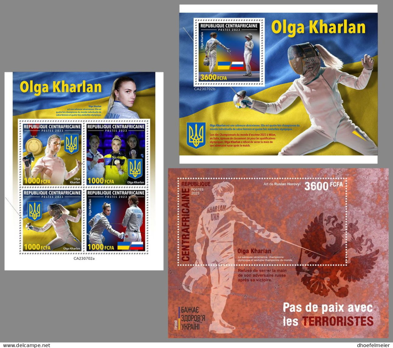 CENTRAL AFRICAN 2023 MNH Olga Kharlan Sabre Fencer Säbelfechterin M/S+2S/S – OFFICIAL ISSUE – DHQ2412 - Fencing