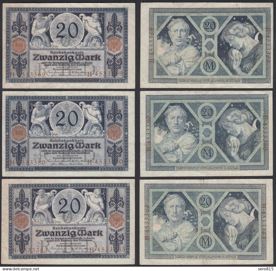 3 Stück á Ro 53 - 20 Mark 1915 Pick 63 VF-XF (2-3)  UDR: O Serie H     (30933 - Altri & Non Classificati