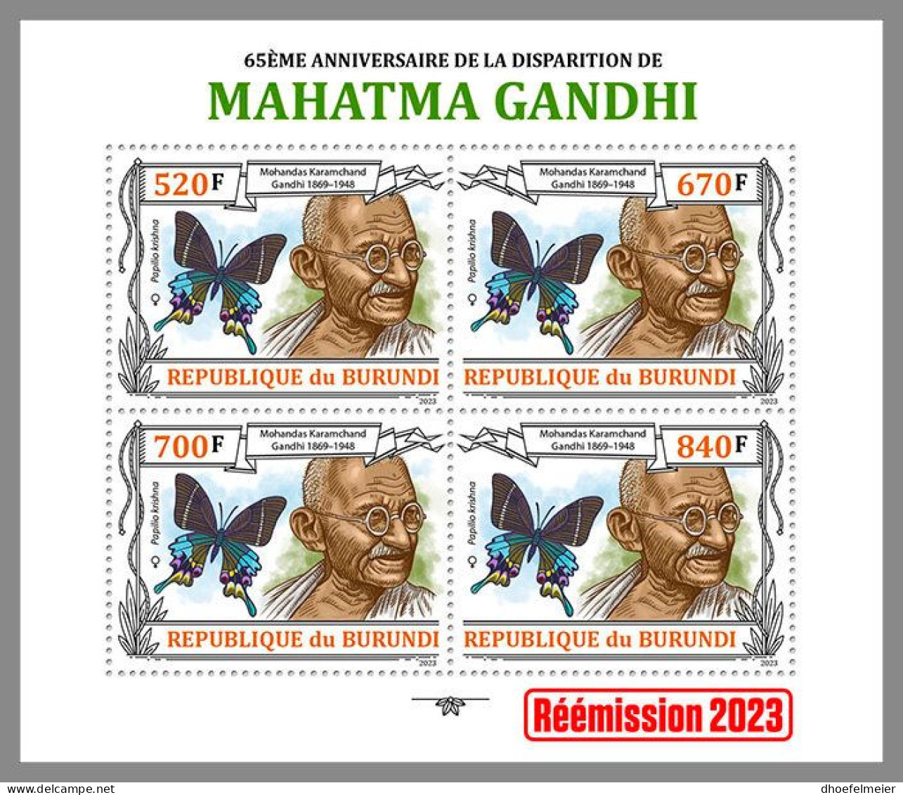 BURUNDI 2023 MNH Mahatma Gandhi M/S III – IMPERFORATED – DHQ2412 - Mahatma Gandhi
