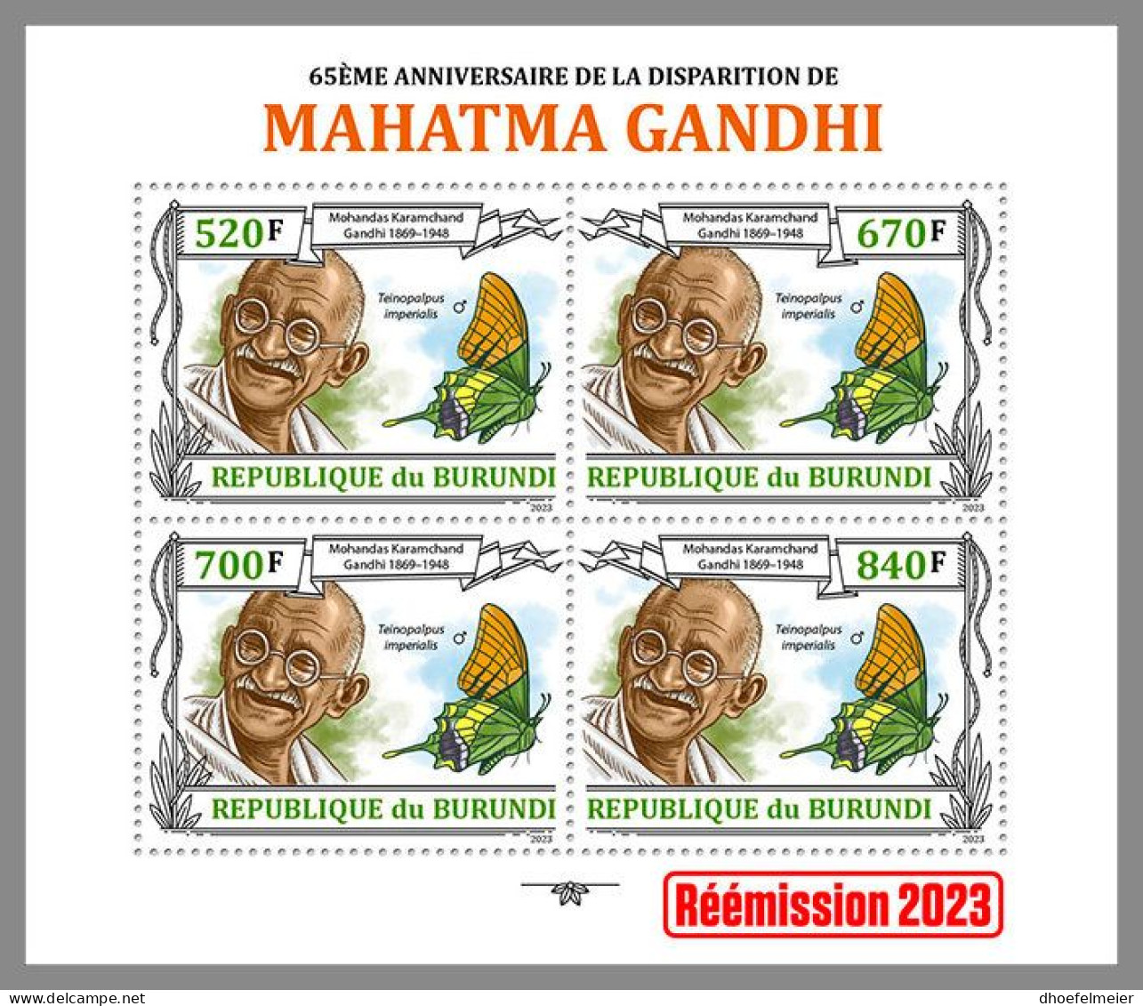 BURUNDI 2023 MNH Mahatma Gandhi M/S II – IMPERFORATED – DHQ2412 - Mahatma Gandhi