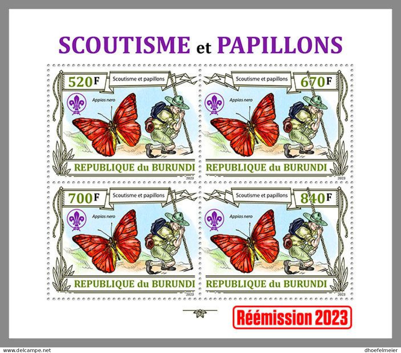 BURUNDI 2023 MNH Scouts Butterflies Pfadfinder Schmetterlinge M/S III – IMPERFORATED – DHQ2412 - Butterflies