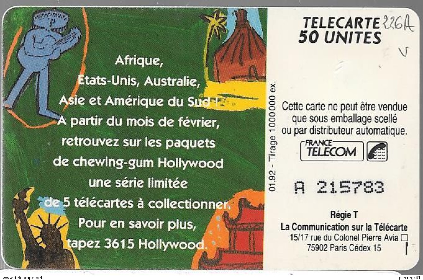 CARTE-PUBLIC-F226-50U-SO3-03/92-HOLLYWOOD-NSB-V° N°Série A 215783-Utilisé-TBE-RARE - 1992