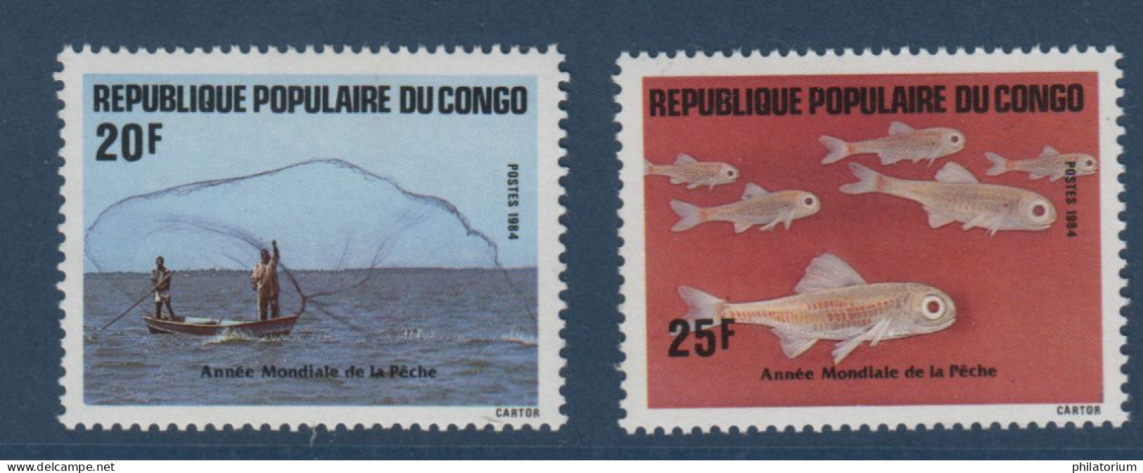 Congo, **, Yv 739, 740, Mi 972, 973, SG 966, 967, Pêcheurs Au Filet En Bateau, Ban De Poissons, - Nuovi