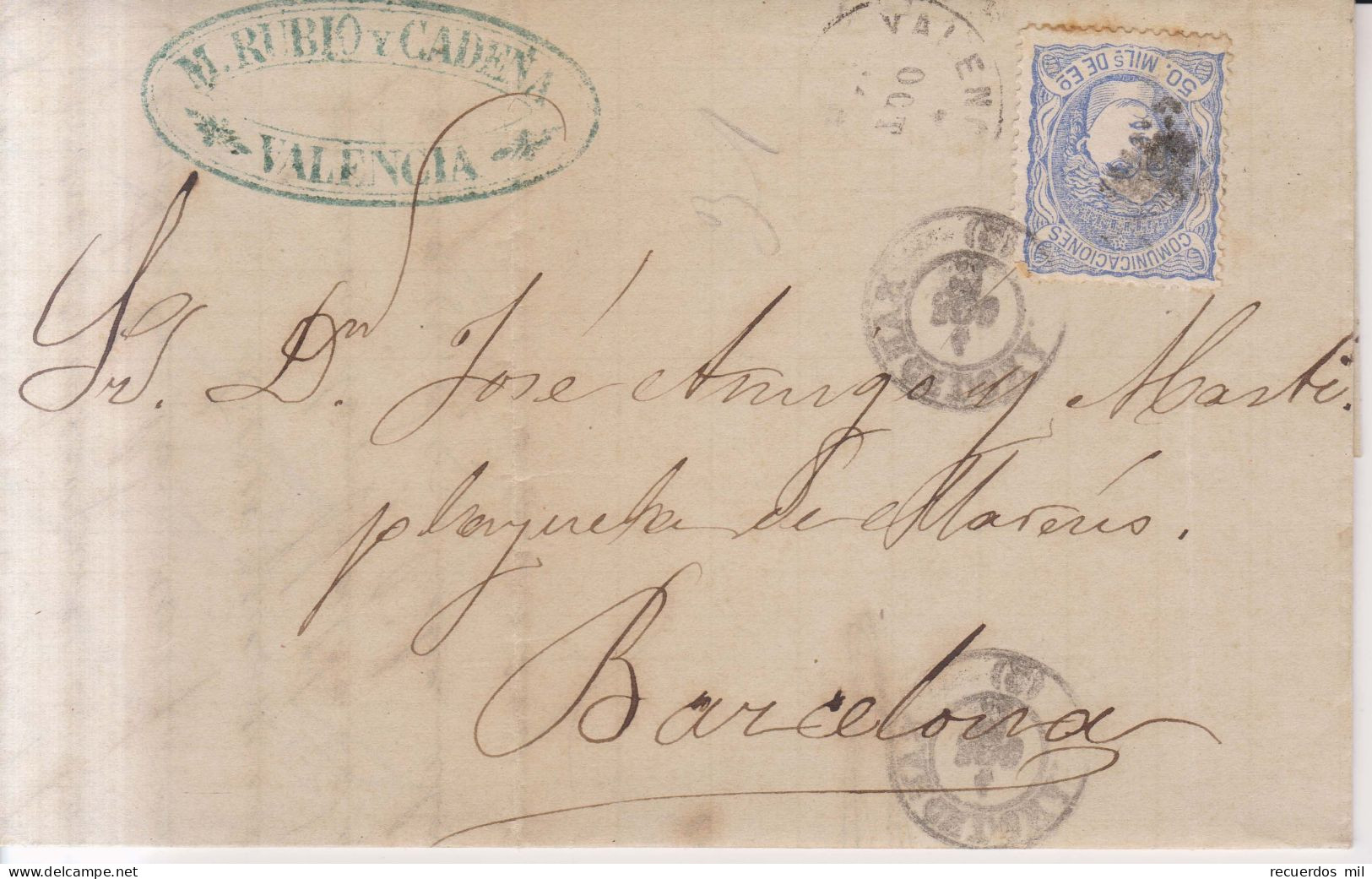 Año 1870 Edifil 107 Alegoria Carta Matasellos Rombo Valencia Membrete Fabrica Torcidos De Seda - Cartas & Documentos