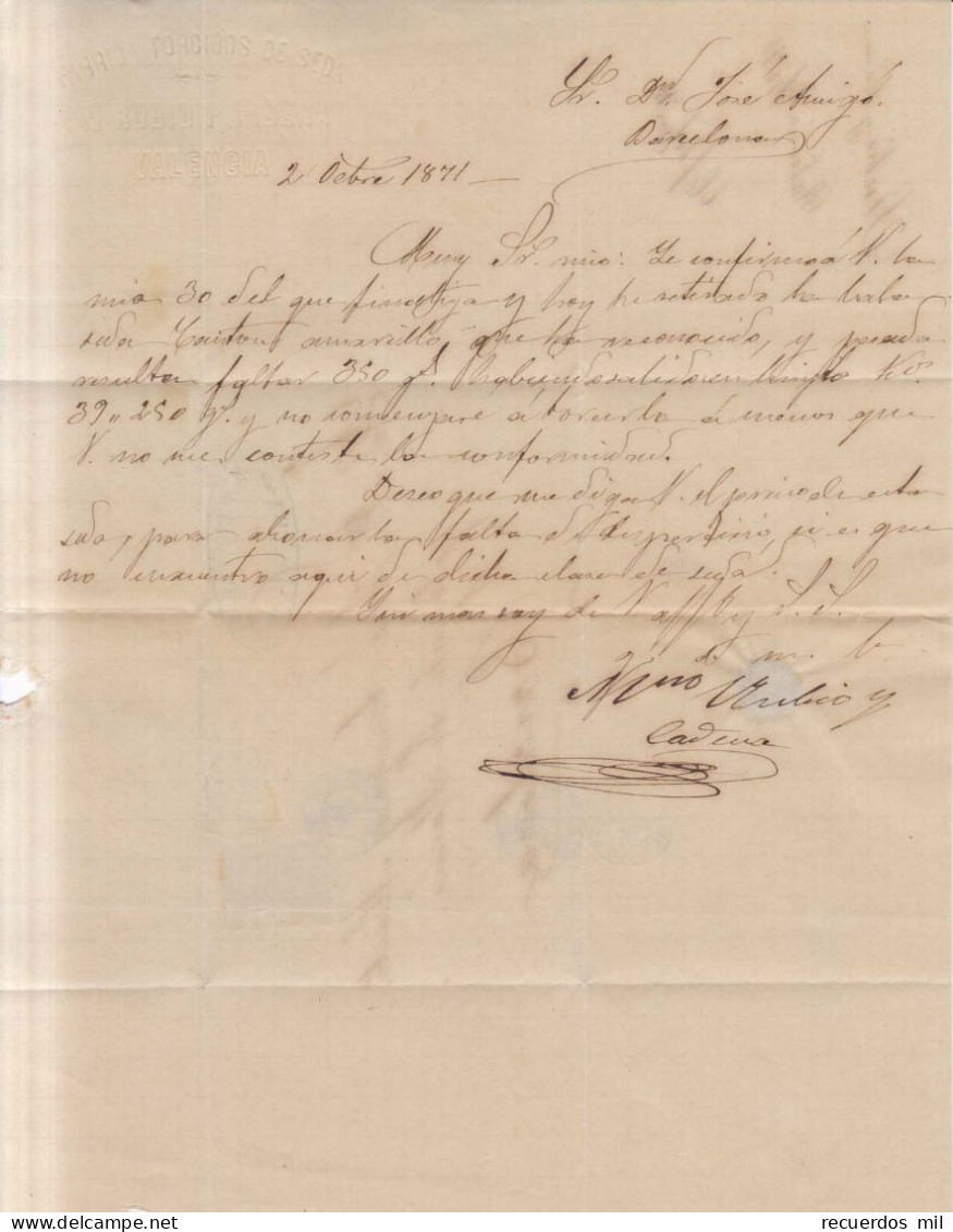 Año 1870 Edifil 107 Alegoria Carta Matasellos Rombo Valencia Membrete Fabrica Torcidos De Seda - Cartas & Documentos