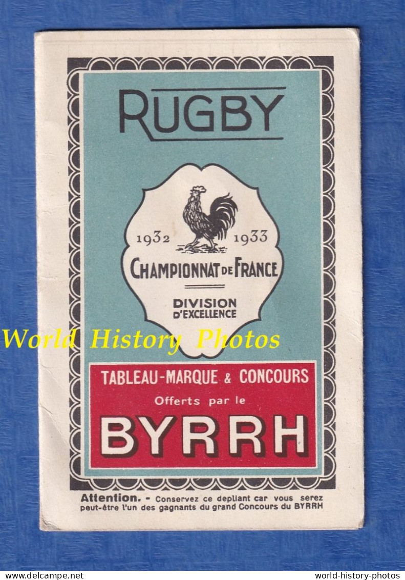 Dépliant Avec Carte Postale à Détacher - RUGBY - Championnat De France 1932 / 1933 - Pub BYRRH - Coq - Equipe - Rugby