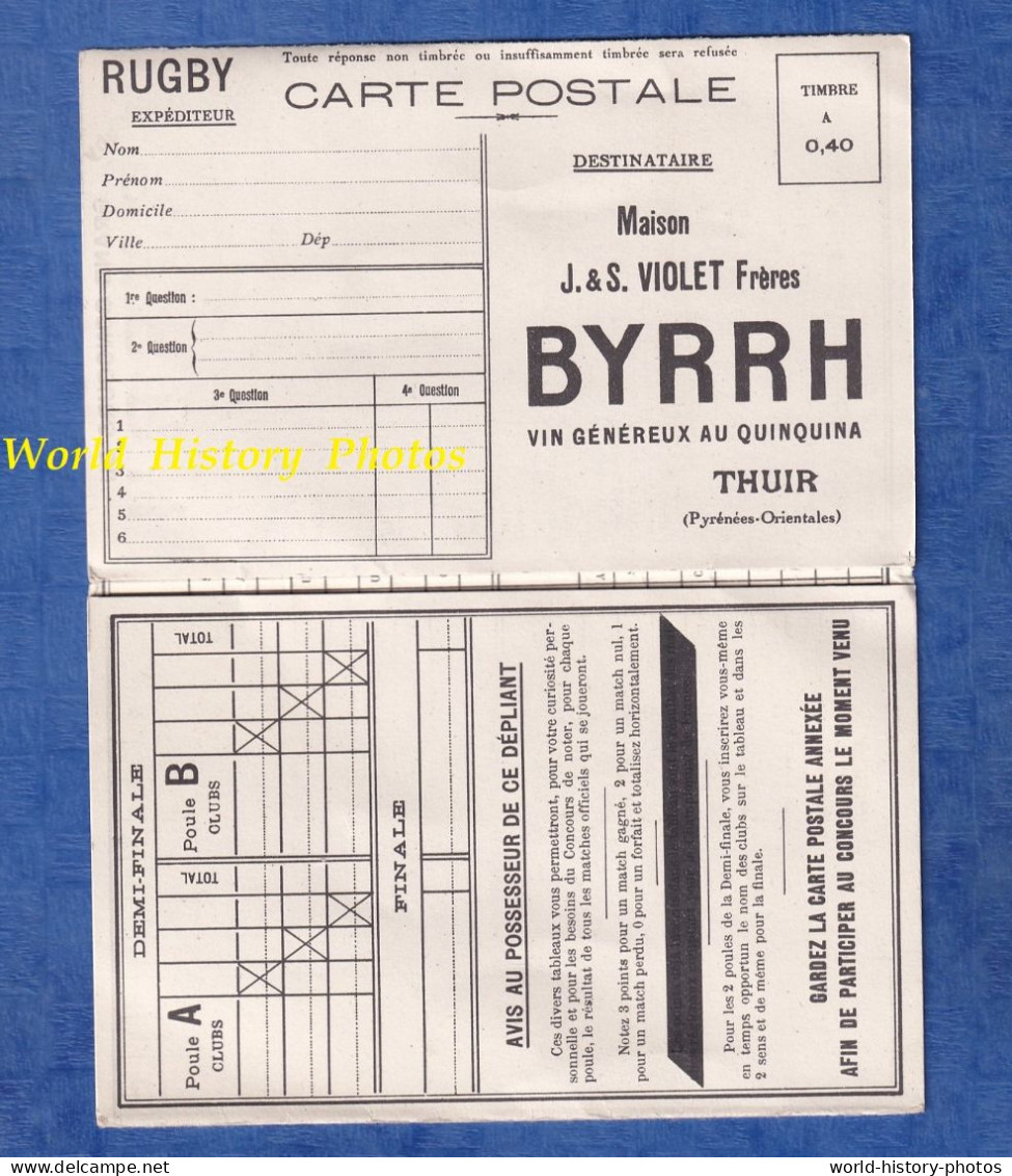 Dépliant Avec Carte Postale à Détacher - RUGBY - Championnat De France 1932 / 1933 - Pub BYRRH - Coq - Equipe - Rugby