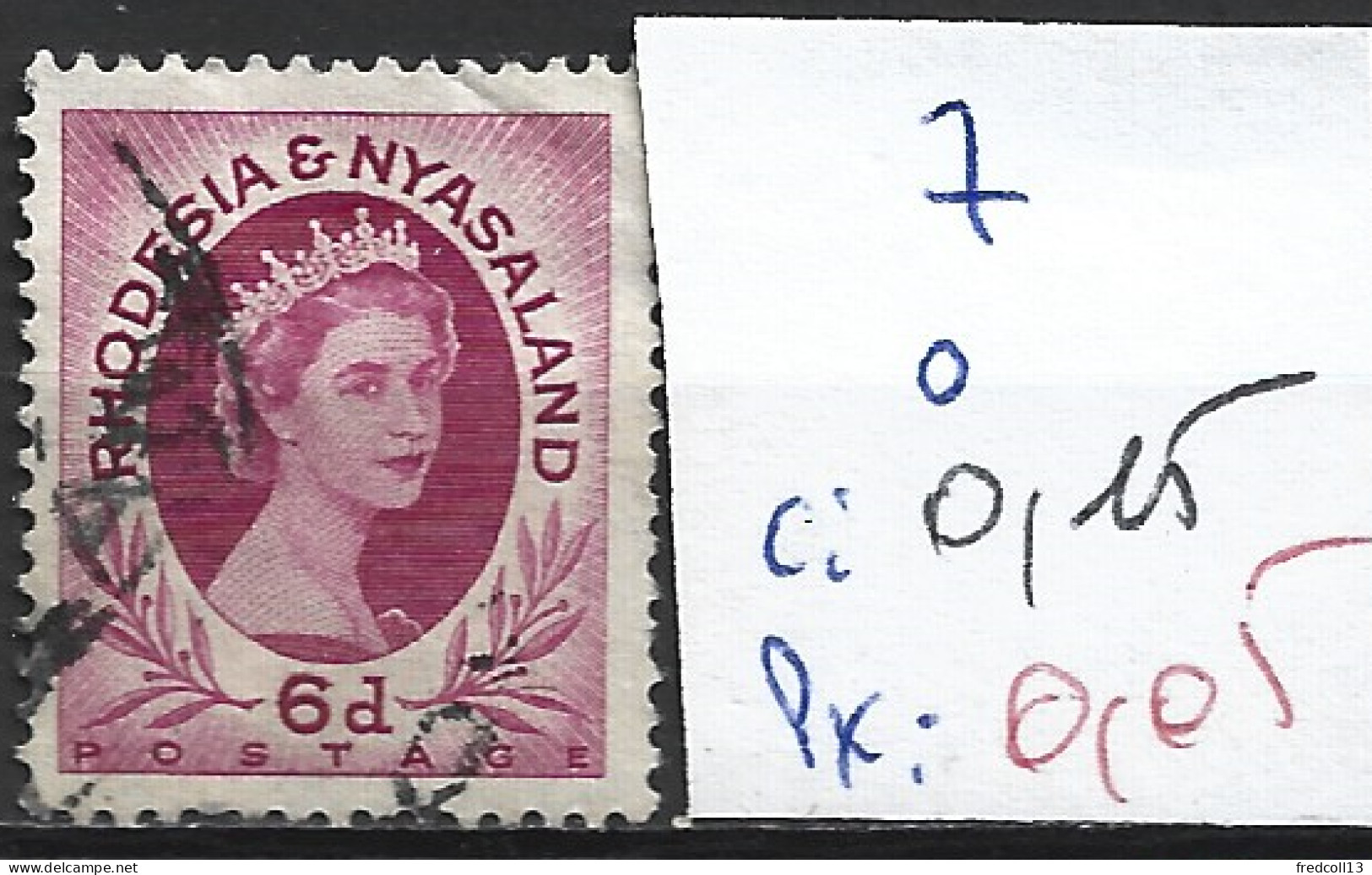 RHODESIE & NYASALAND 7 Oblitéré Côte 0.15 € - Rhodesien & Nyasaland (1954-1963)