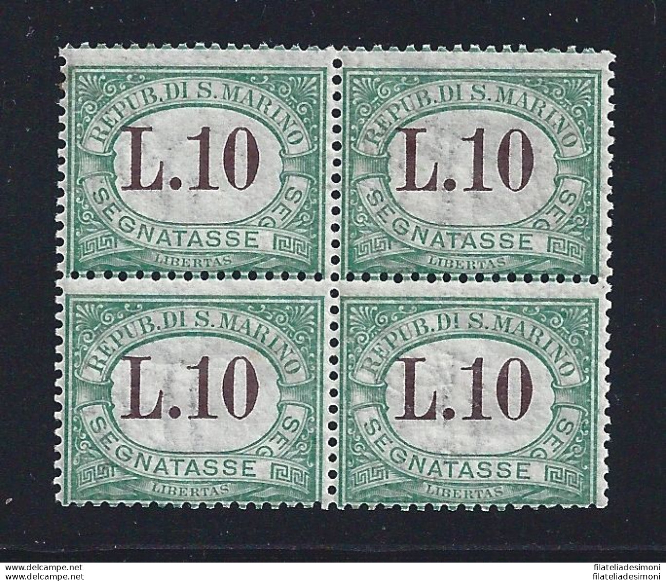 1924 SAN MARINO, Segnatasse N° 18 10 Lire Verde QUARTINA MNH/** - Otros & Sin Clasificación