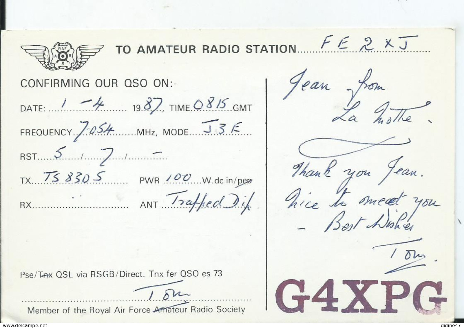 CARTE QSL RADIO AMATEUR  GRANDE BRETAGNE ( Thème Aviation ) - Radio Amatoriale